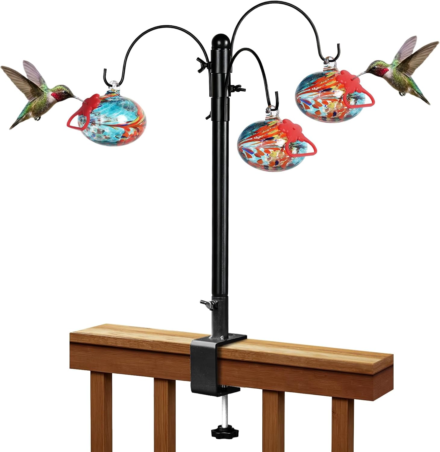 15 inch Hummingbird Feeder Deck Hook for Railing, Hand Blown Glass Hummingbird Feeders for Outdoors with Clamp-On Stand, Adjustable Bird Feeder Pole for Deck,Garden Gifts for Women(Blue)
