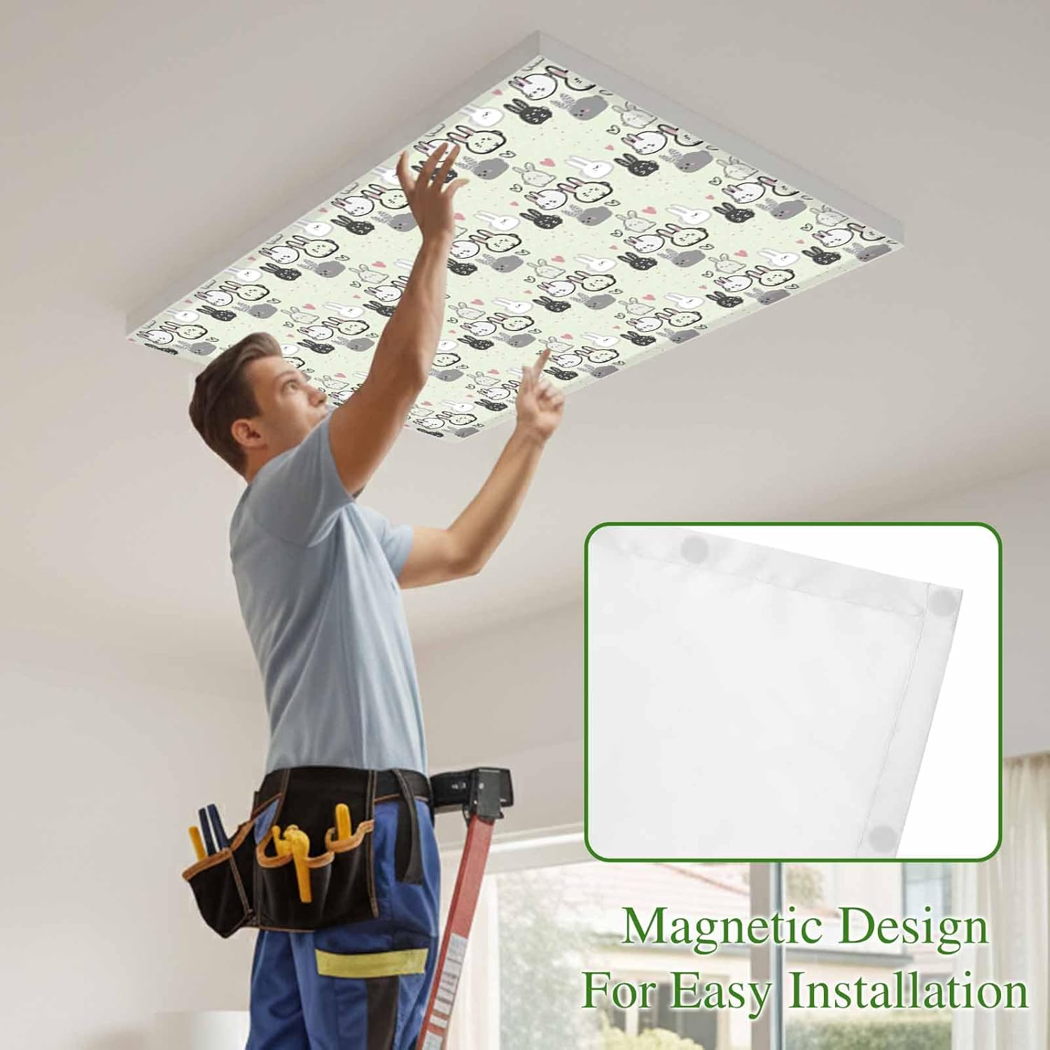 2x4 ft Fluorescent Light Cover for Ceiling Cartoon Easter White Black Rabbits on Green Magnetic Light Filters, Love Heart Ceiling Lampshades for Home School Office 4Pcs