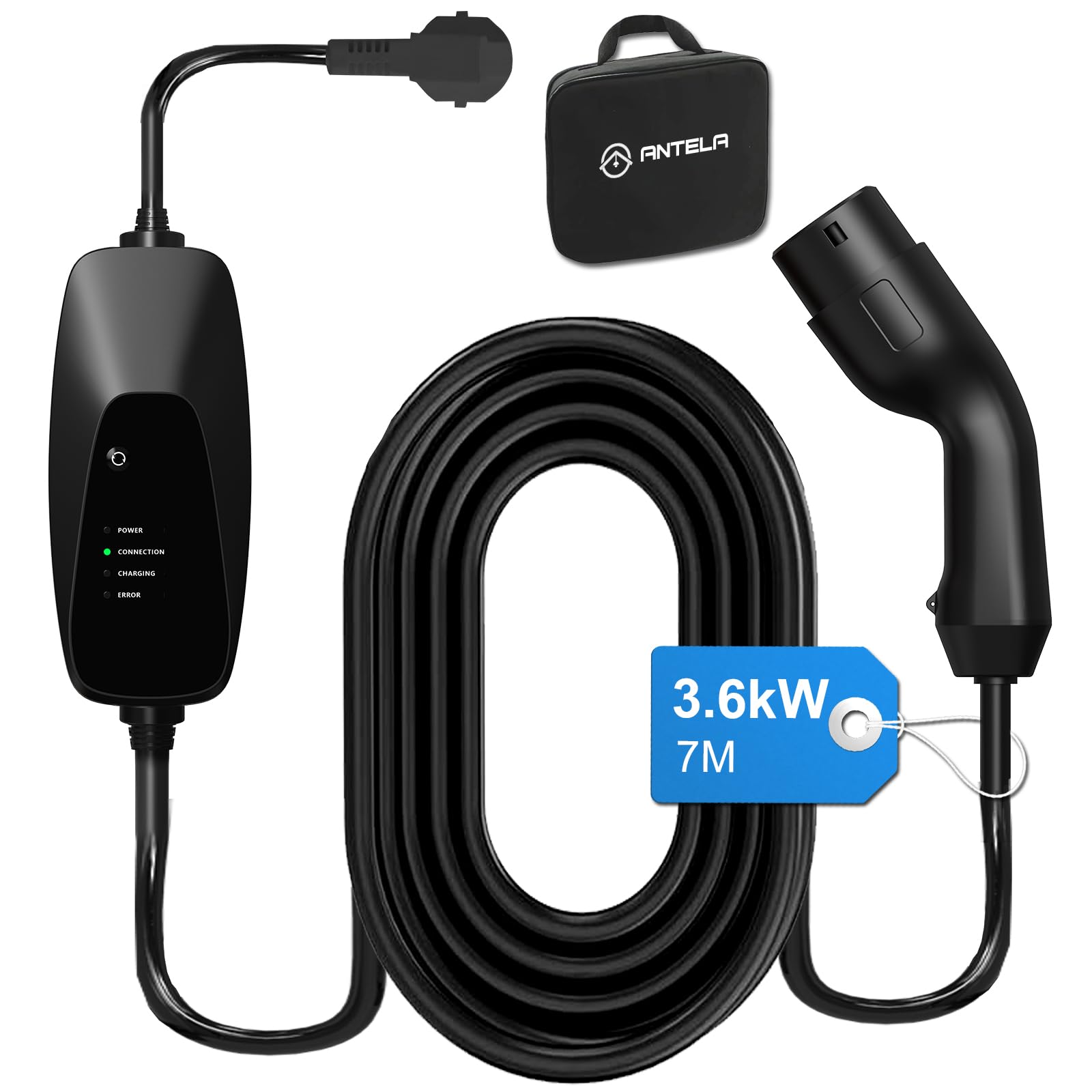Oplaadkabel voor Elektrische Auto Type 2, ANTELA 7M 16A 11kW 3-fasen voor EV /PHEV, EV Oplader Type 2 Elektrische Voertuig Kabel met Draagtas