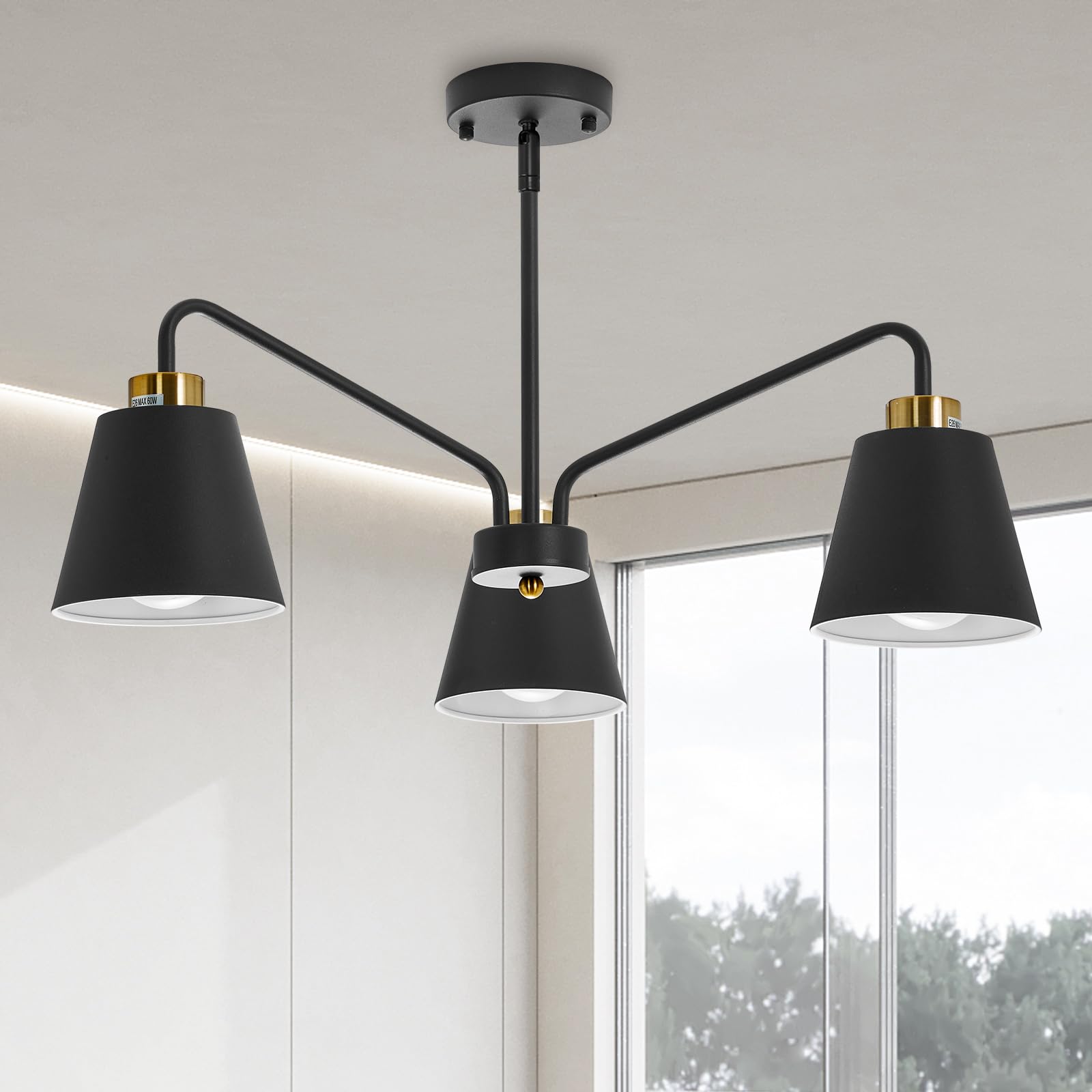 3 Light Black and Gold Chandelier Adjustable Height Contemporary Pendant Light Modern Pendant Ceiling Lighting for Bedroom Foyer Dining Room Chandeliers Fixtures Over Table…