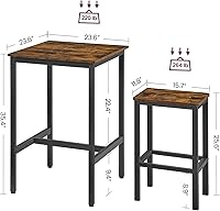 Vista 3 de VASAGLE Juego de mesa de bar y sillas, mesa cuadrada con 2 taburetes, juego de mesa de pub para 2, ahorro de espacio para cocina, desayuno, sala
