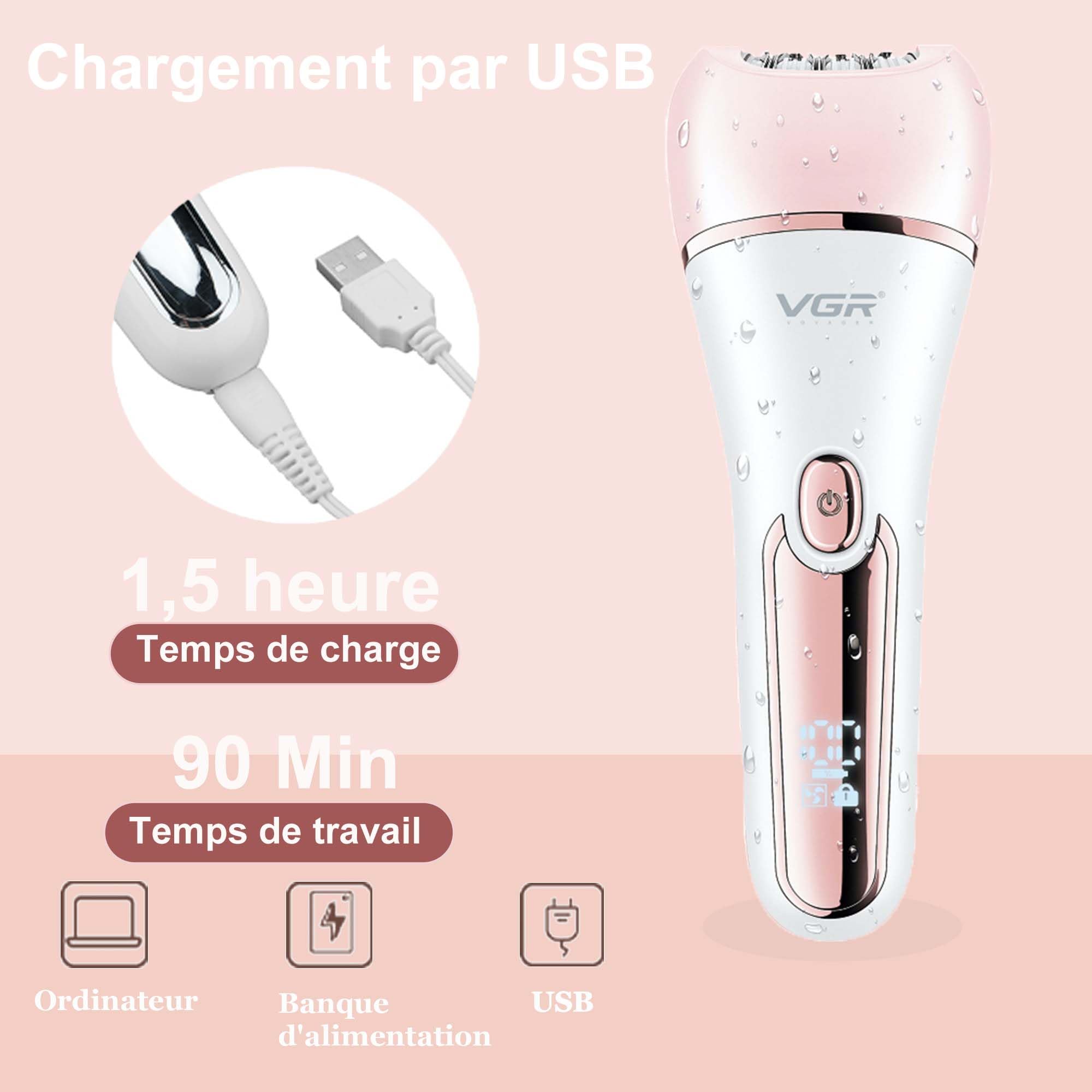 VGR 733 Épilateur pour femme, 6 en 1, sans fil et rechargeable, épilateur pour le visage, les jambes, les aisselles, rose