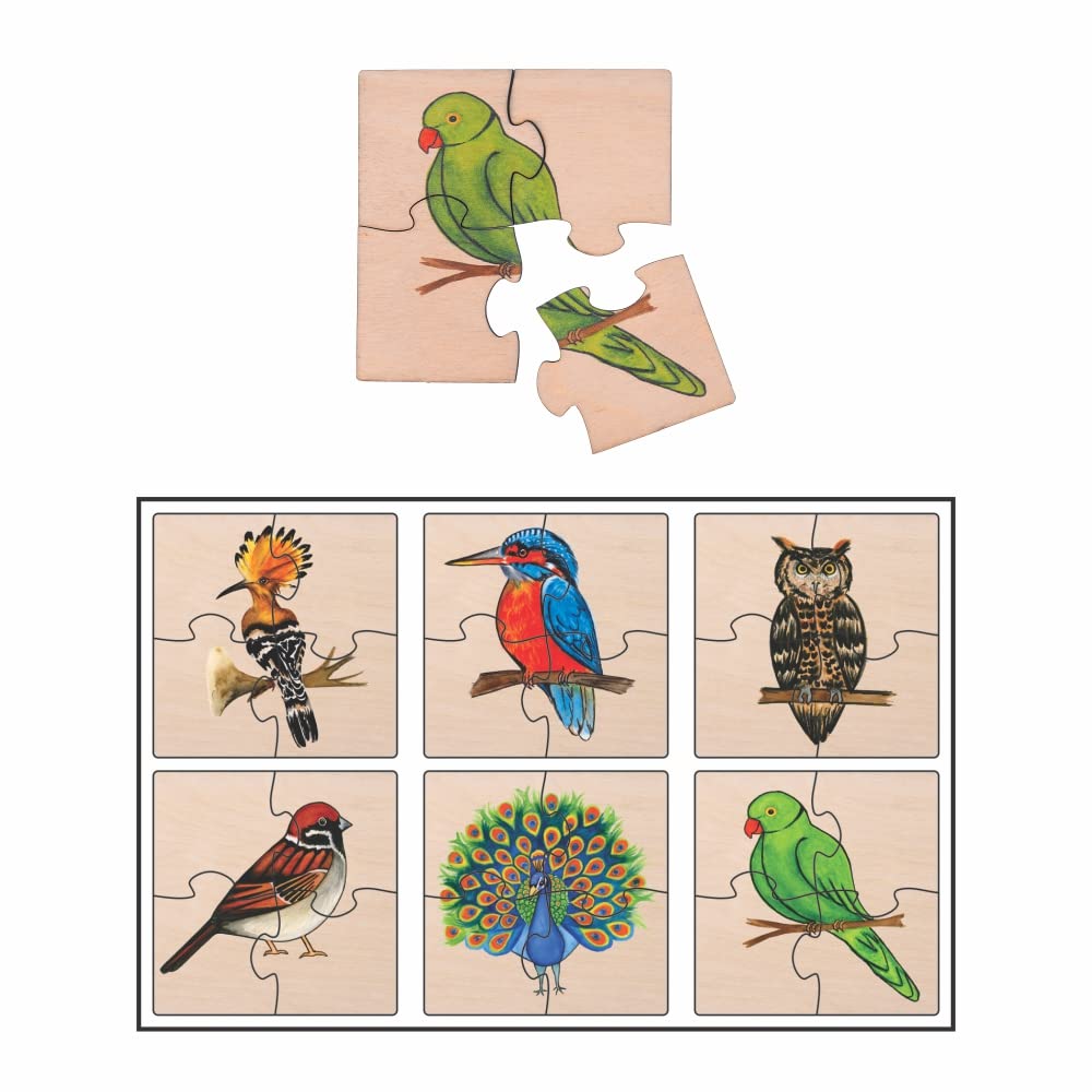 RK Cart Birds Simple Puzzles for Kids, 4 Piece Wooden Jigsaw Fun Learning Toys, Set of 6
