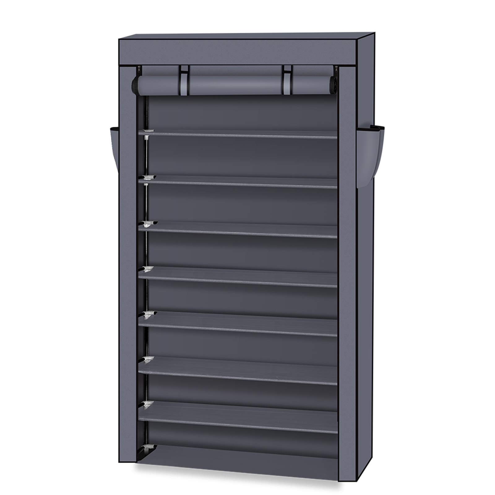 BOSTEU 10-Tier Non-Woven Fabric Shoe Rack with Dustproof Cover & Side Pockets, Shoe Storage Cabinet Organizer ﻿ (Gray)