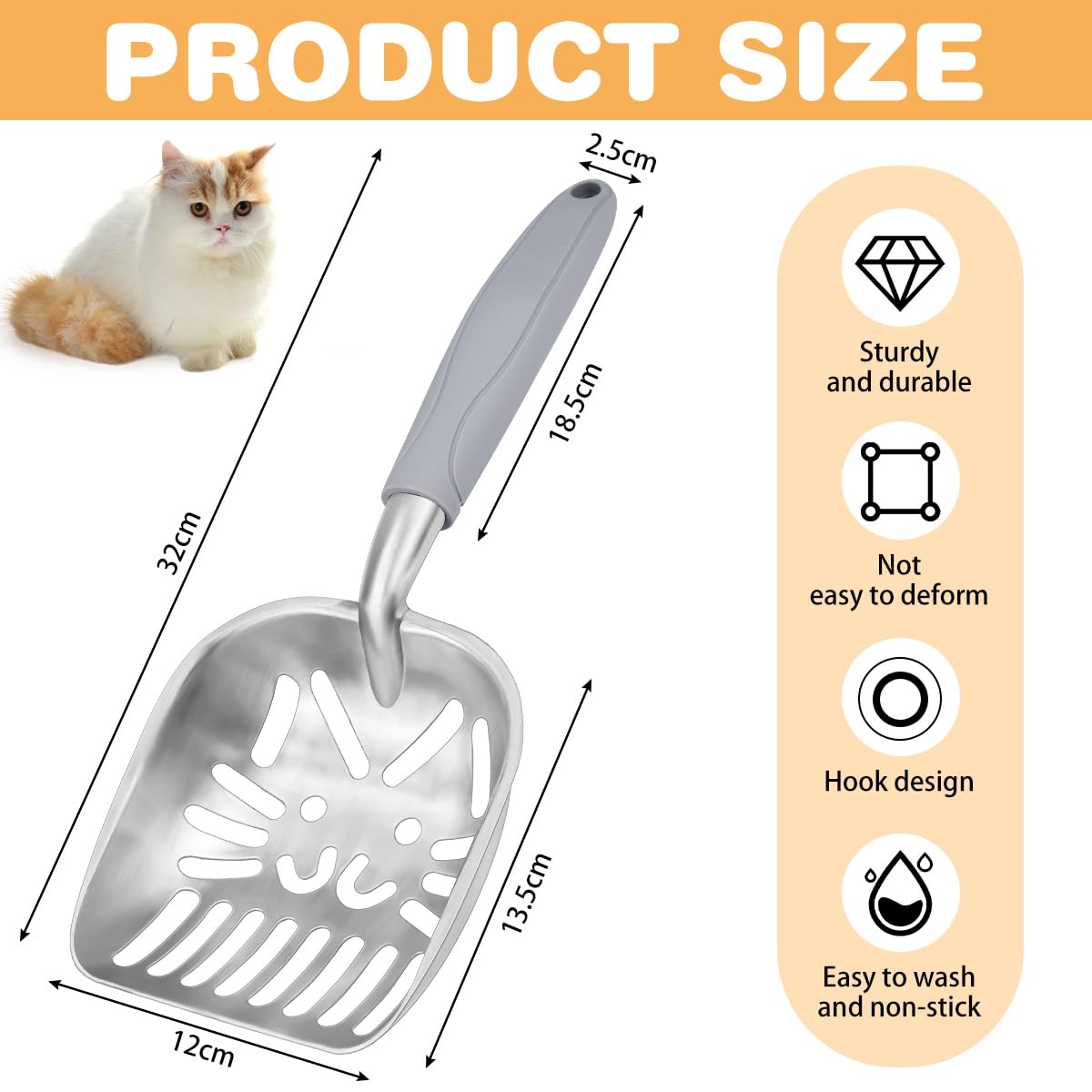 YBCCBY Metal Cat Litter Scoop Aluminum Cat Litter Shovel Non-Stick Cat Litter Sifter Reptile Sand Scoop Shovel Sifter with Ergonomic Long Handle and Large Holes Slot Durable and Easy To Clean Grey - Image 2