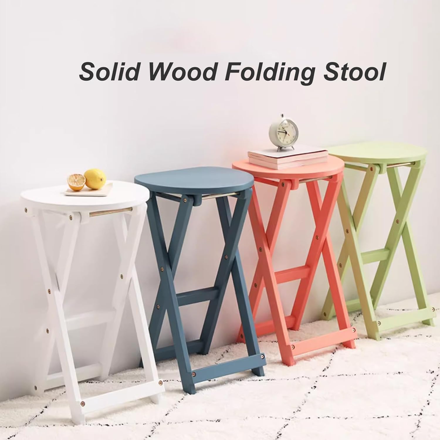 24in Portable Folding Stool for Breakfast, Backless Wooden Foldable Kitchen Chair with Footrest, Height Adults (Color : Blue 2) (Blue 2 One Size)