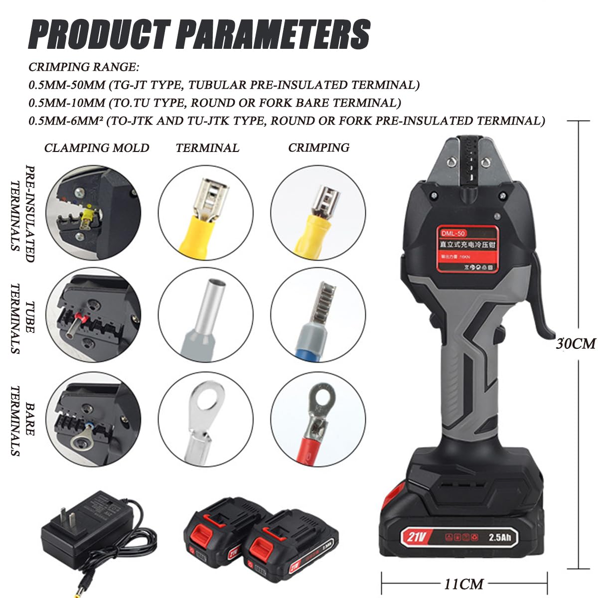 Kit di crimpatura elettrica, crimpatrice per capicorda con 7 stampi, 2 batterie, avvio a un pulsante, illuminazione a LED, connettori non isolati per terminali elettrici