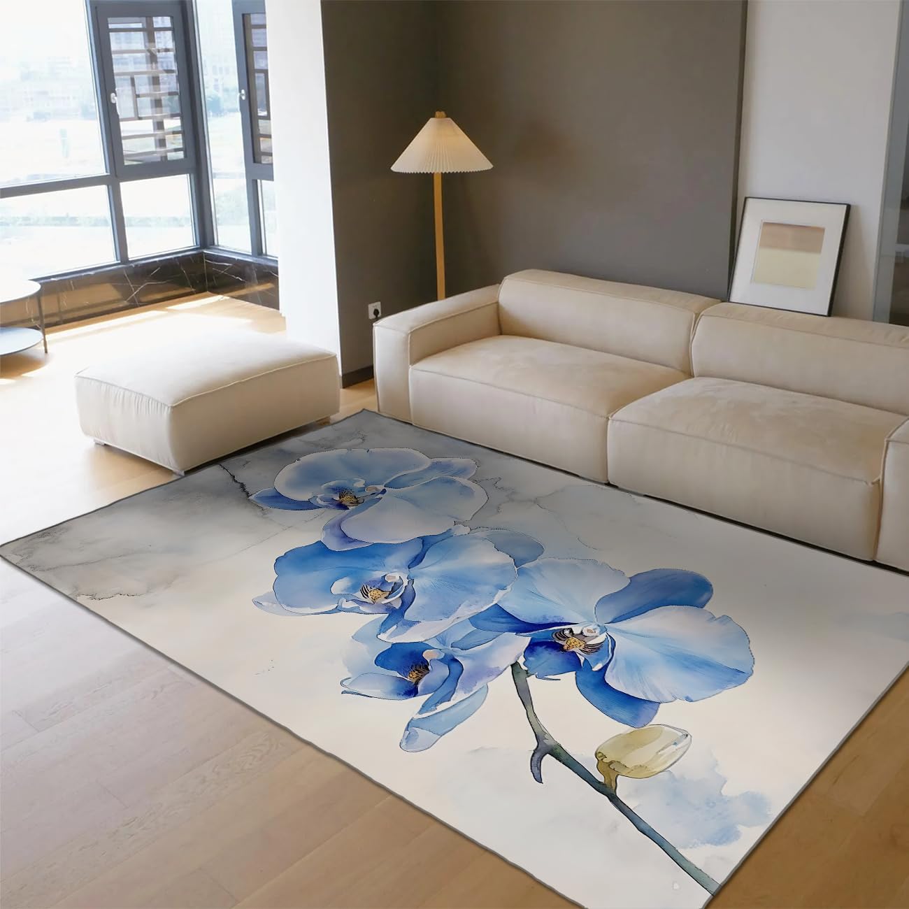 Tapis salon bleu doux aquarelle 150x240 et tapis chambre fleuri