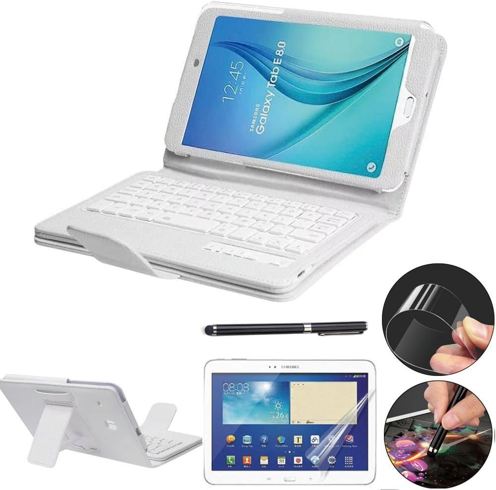 Galaxy Tab E 8.0 Keyboard Case with Screen Protector & Stylus, REAL-EAGLE Slim Separable Fit PU Leather Case Cover Wireless Keyboard for Tab E 8.0 Inch T375 T377 T377V / SM-T377 4G LTE, White