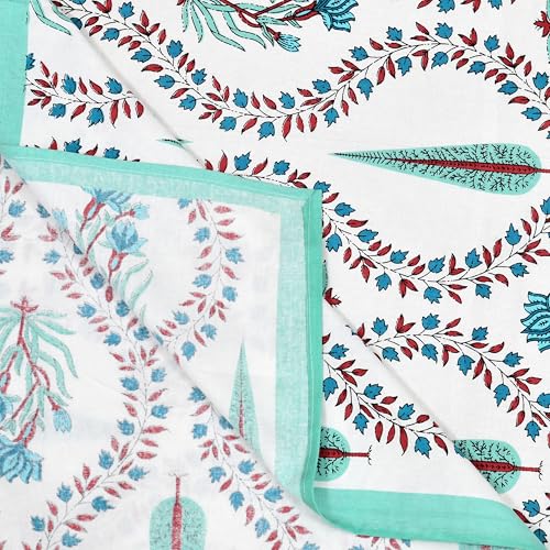 Image of BLOCKS OF INDIA Hand Block /Batik Print Rectangular Table Cloth for 6 Seater Dining Table (60 Inch X 90 Inch)(Turquoise Patti)