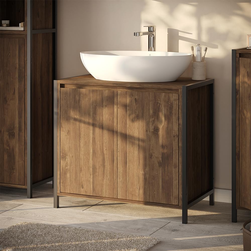 Vicco Mobile sottolavabo per bagno Naola, Quercia/nero, 70 x 65 cm | con 2 scomparti chiusi, per la conservazione di articoli da bagno e asciugamani