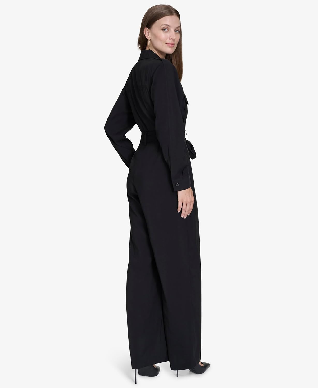 Halston Womens Long Sleeve Collared V-Neck Jumpsuit - Image 4