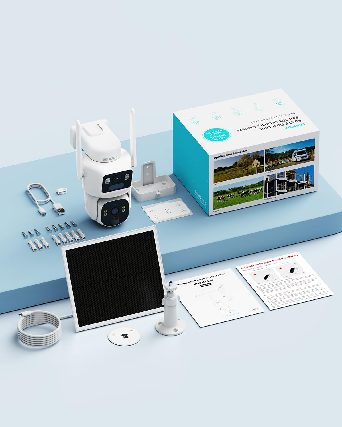 SEHMUA 4G LTE Caméra Surveillance Solaire avec Carte SIM 【Double Objectif】 | 2K+2K Caméra Extérieure Sans Fil, Détection Humaine par IA, Vision Nocturne Couleur, 360° PTZ, Audio Bidirectionnel, IP65