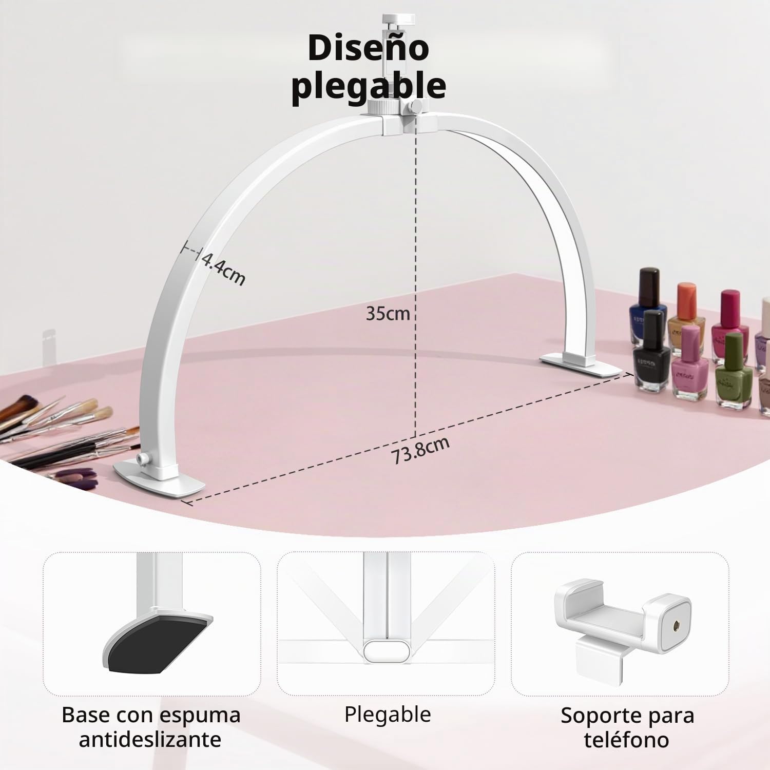 yAyusi Luz de Media Luna con Soporte para Teléfono Móvil, 74CM 35W Plegable Lámpara LED de Luna, 3 Modos, 10 Niveles de Brillo Ajustables, Adecuado para Belleza/Arte de Uñas/Tatuajes
