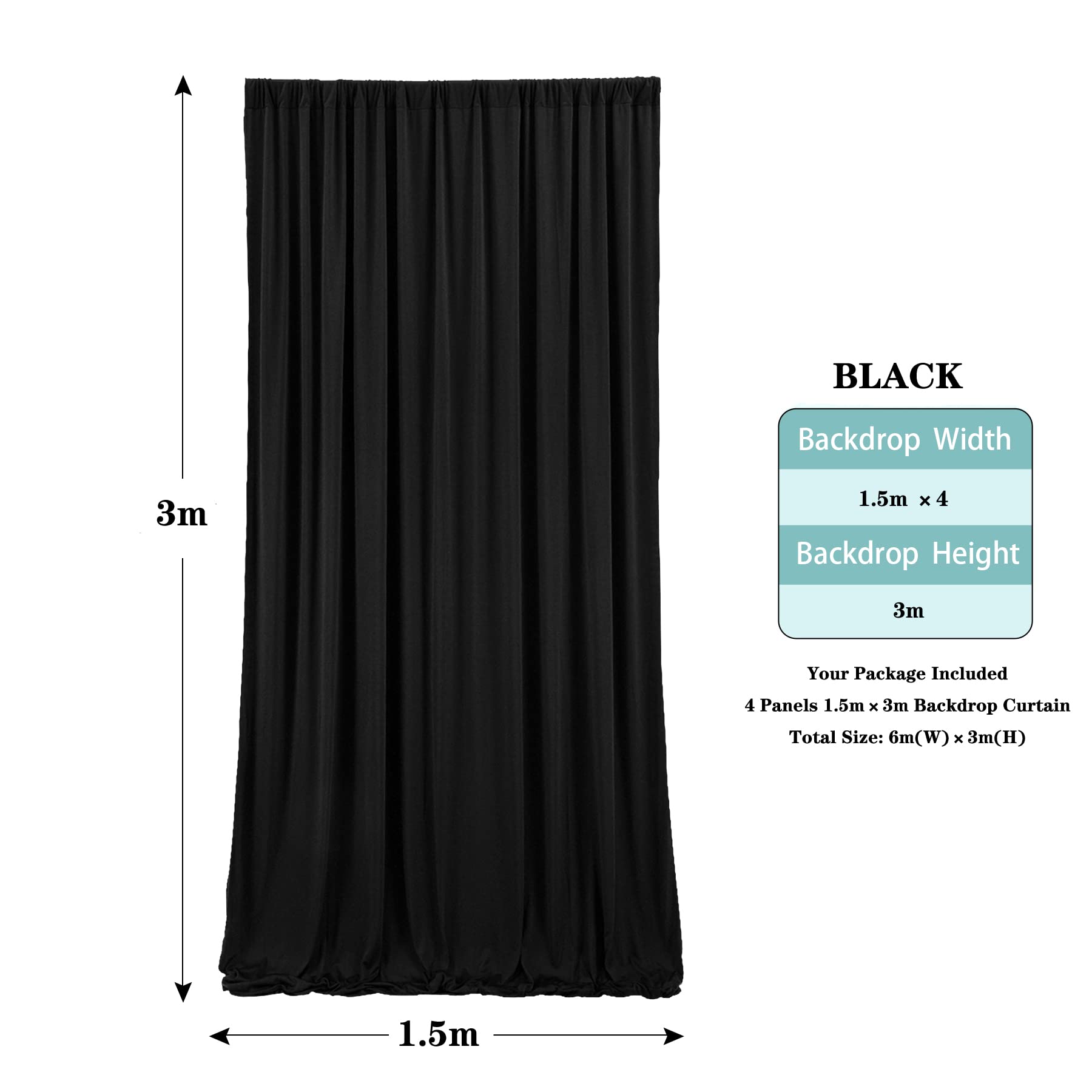 HBBMAGIC 6m x 3m Tenda di sfondo nero per la festa di nozze, tende di sfondi per pareti fotografiche senza rughe per il battesimo di compleanno Baby Shower