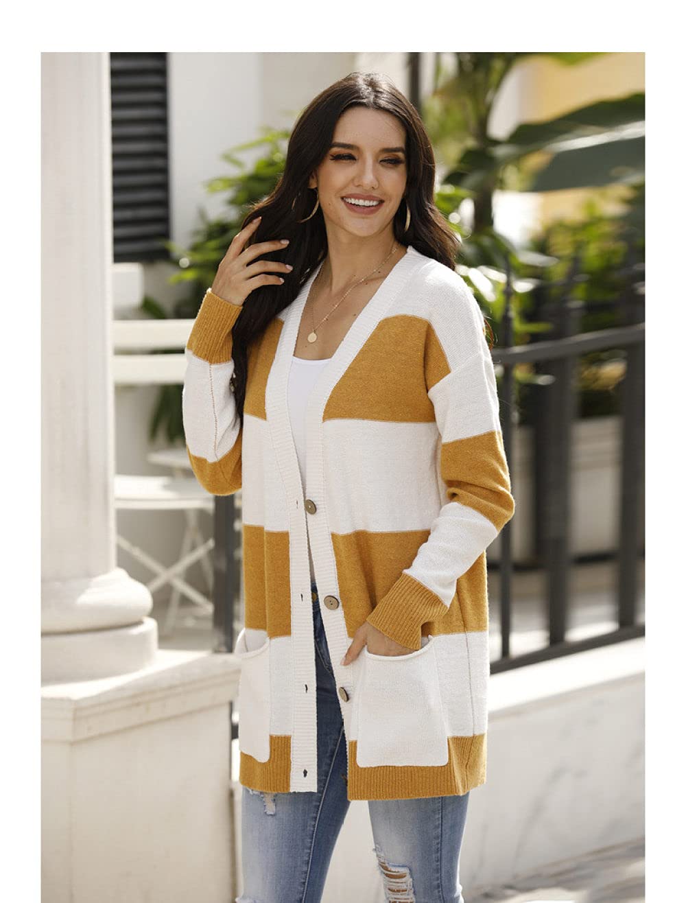 Strickjacke Damen,Button-Down-V-Ausschnitt Streifen Cardigan Langarm Einfarbig Strick Cardigan Pullover Offene Front Leichte Oberbekleidung Mit Taschen Strickjacken Für Damen