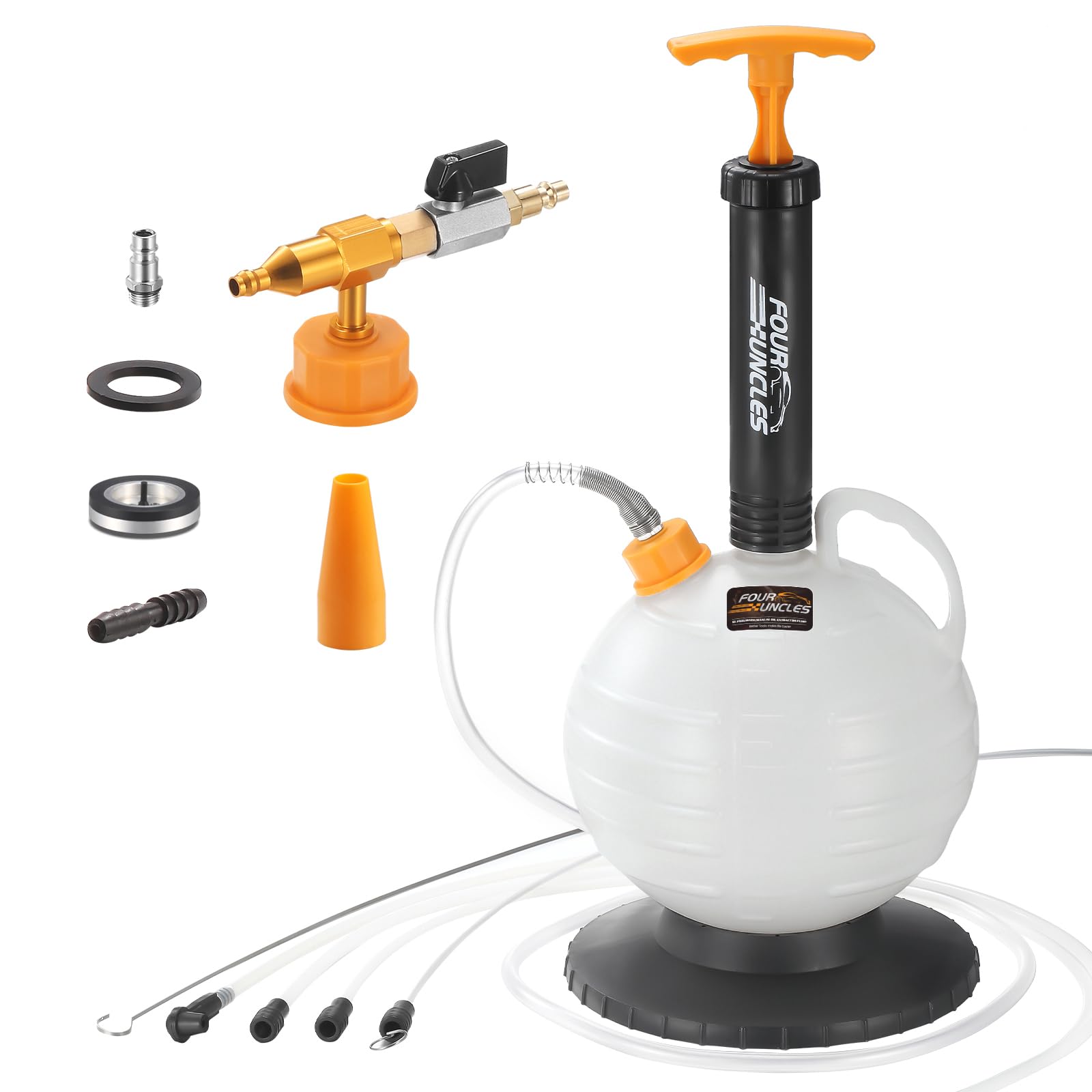 FOUR UNCLES 6L Pneumatic/Manual Oil Extractor Pump - Fluid Extractor with 59" Main Hose, Three 41" Extension Tubes for Automotive Oil Change, a Brake Bleeding Hose for Brake Fluid Change