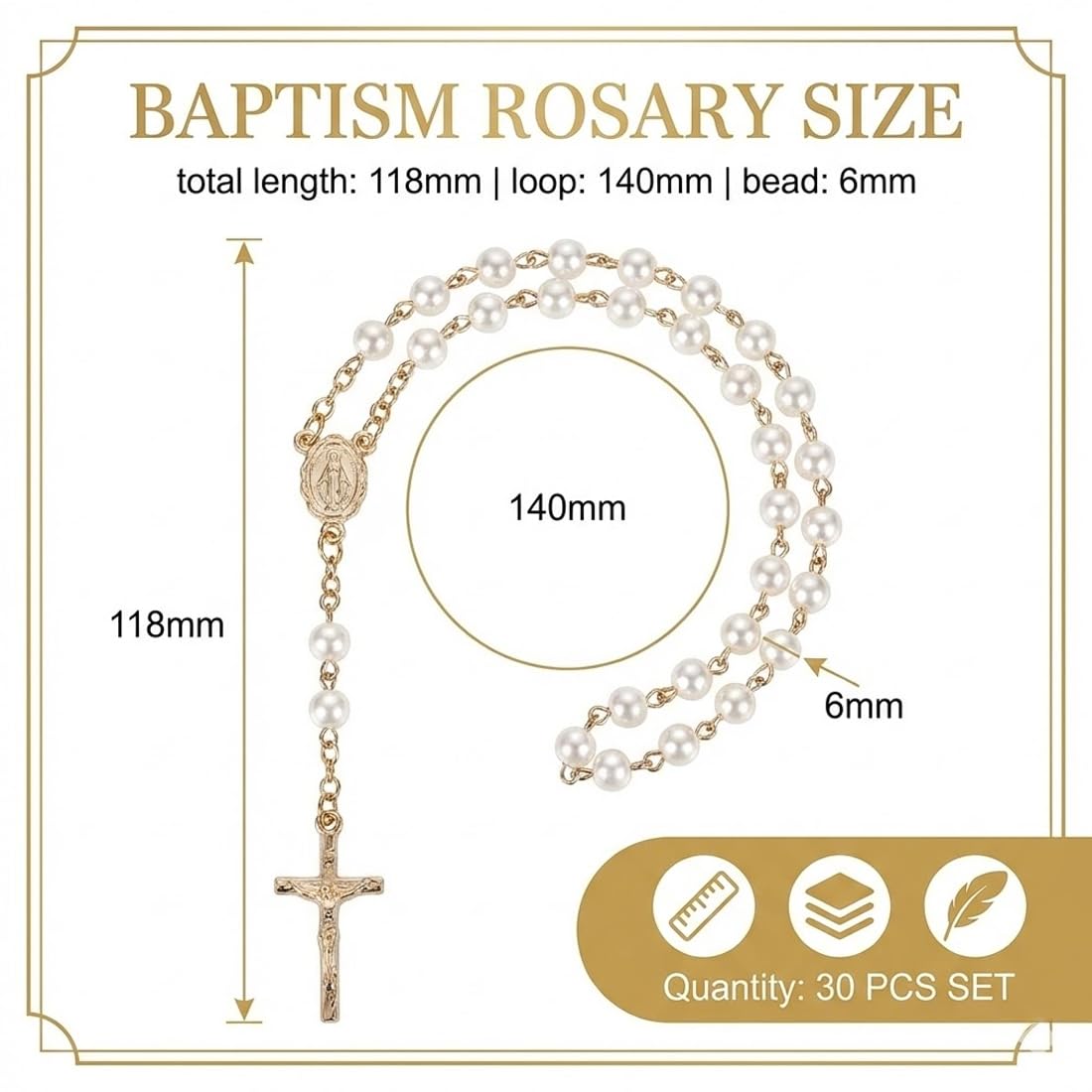 5 Piezas Rosarios de Bautismo, Mini Religiosos de Dedo con Cuentas de Perlas de Imitación, Recuerdos y Recordatorio, con Cruces para Pulseras, para Bautizo, Comunión, Boda, Fiesta (Oro) — view 2