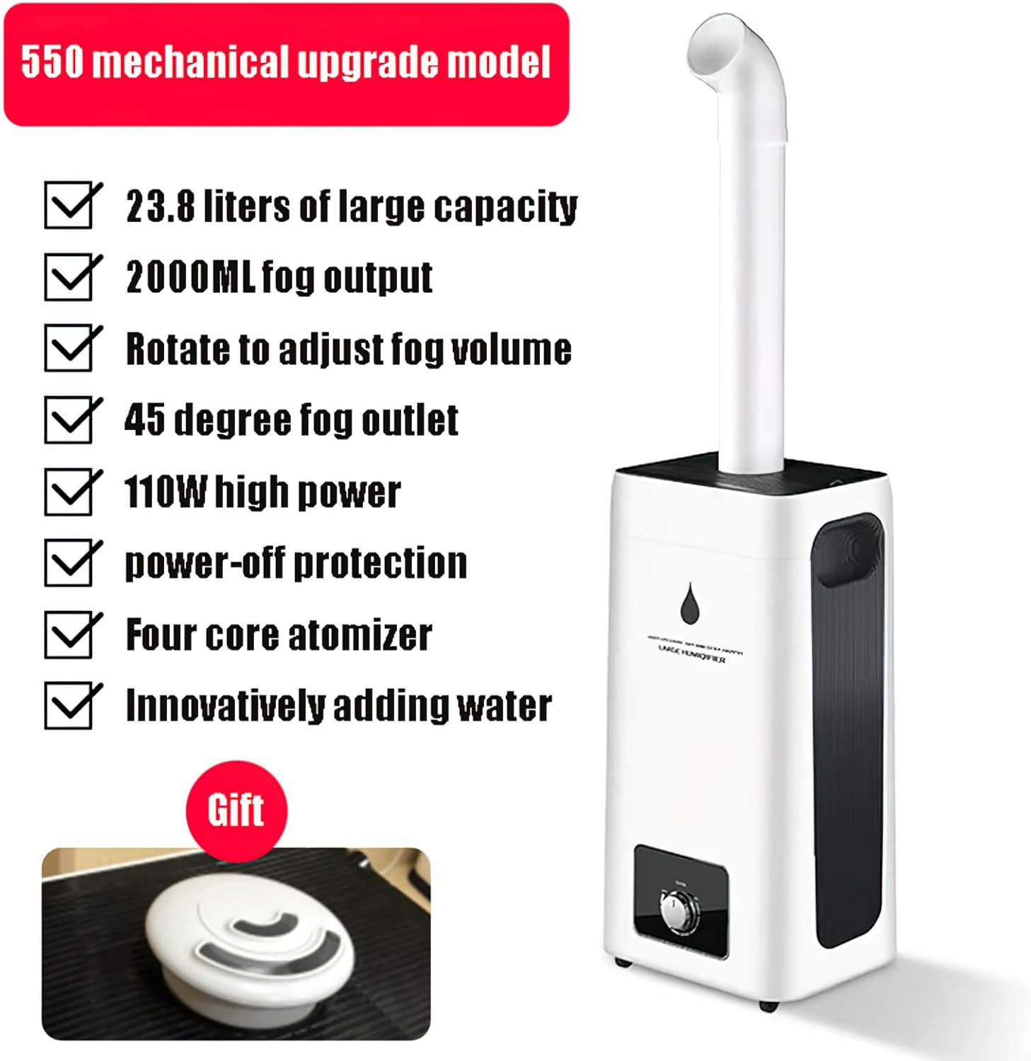 550 Intelligent Enhanced Industrial Humidifier, White, 6.2 Gallon Capacity, Remote Control, 2000ml/h Mist Output, 110V/110W, Digital Display, 42x12x18.3 Inch