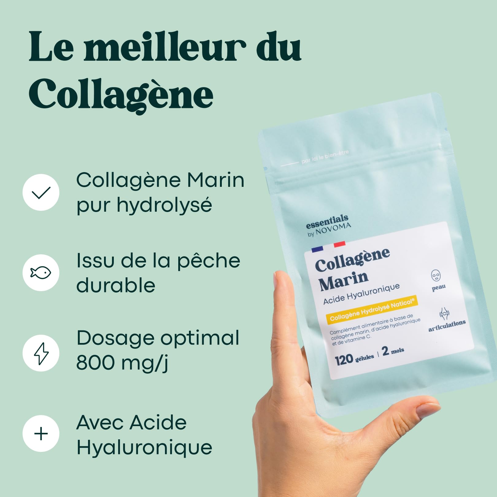 Marine Collagen + Hyaluronic Acid, Hydrated Skin and Strong Joints, 2 Months Cure, 120 Capsules, Hydrolyzed Collagen Type 1 Naticol®, With Vitamin C, Made in France, by Novoma - 4