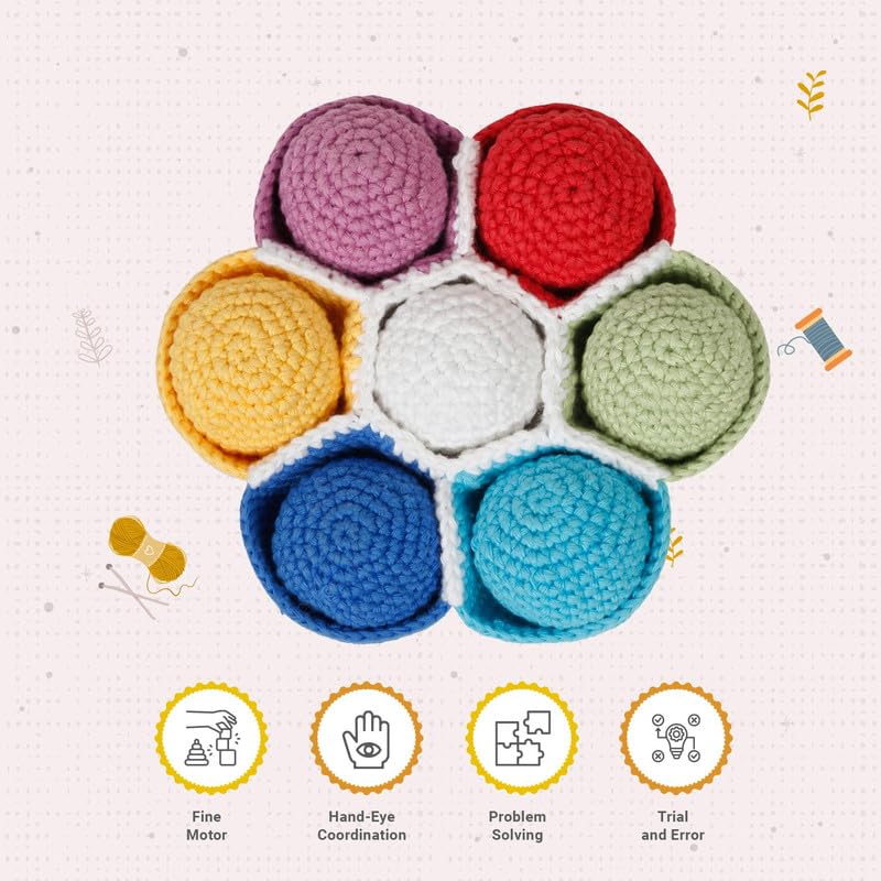 Image of LITTLE GINNIE Crochet Rattle Balls for Color Sorting, Sequencing & Fine Motor Skills | Montessori Learning Toys for Preschool Kids | Nesting Ball Set for Babies & Toddlers