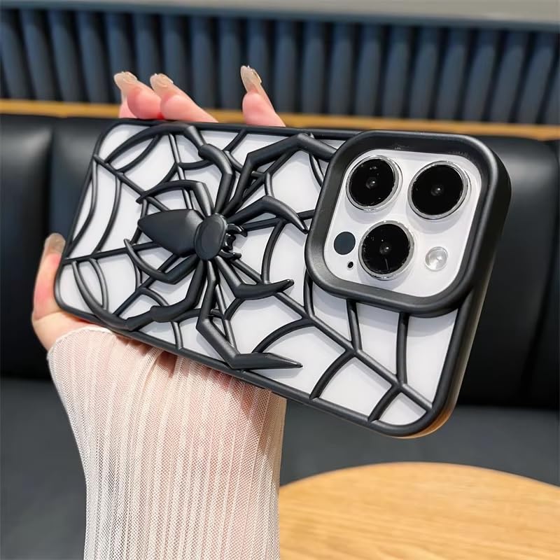 Image of COVERLY for iPhone 15 Pro Max Spidey Web Silicone 3D Cartoon Clear Phone case, Full Protection Minimal Hollow Out Electroplated Heat Dissipation Mobile Back Cover for Apple iPhone 15 Pro Max (Black)