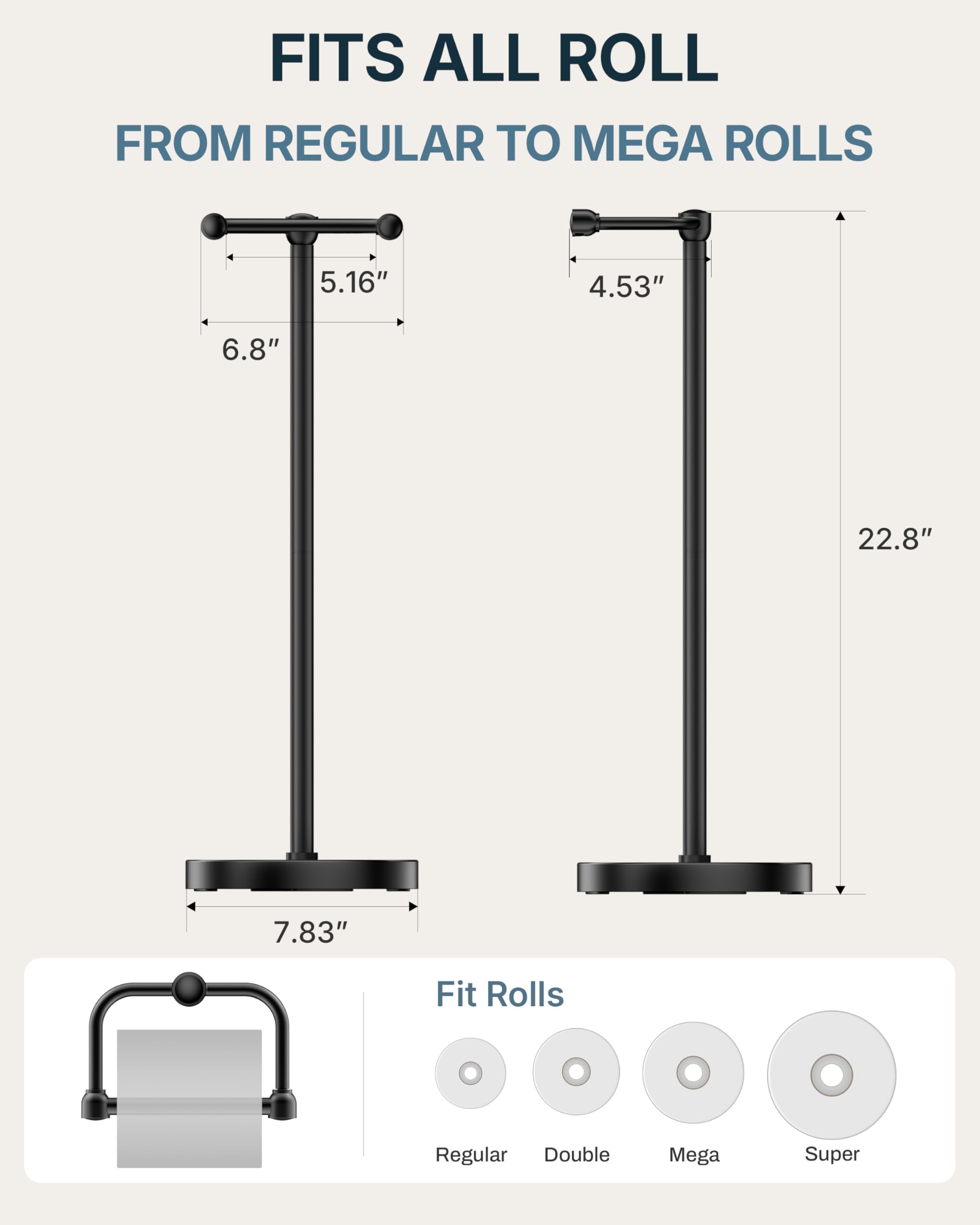 RARXTR Toilet Paper Holder Stand, Modern Bathroom Free Standing Toilet Paper Roll Holder, Stainless Steel Tissue Rack, Rust-Proof & Heavy Stable Base (Matte Black) — Amazon image 7