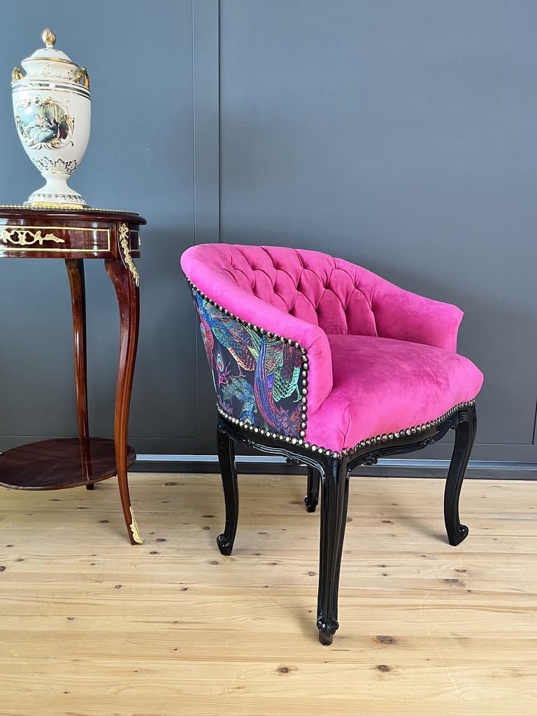 CasAmin Home & Living Cocktailsessel im Französischen Barockstil, Fuchsia Farbe Samt, Nostalgischer Barstuhl, Getufteter Samt Hot Pink für die Inneneinrichtung des Wohnzimmers