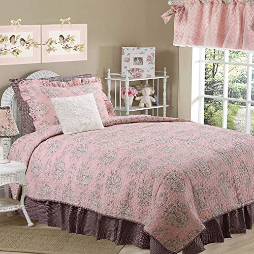 Cotton Tale Designs 100% Cotton Nightingale Pink, Charcoal Gray/Grey Floral & Polka Dots Reversible Quilt - Girl - Twin & Full/Queen (Twin)