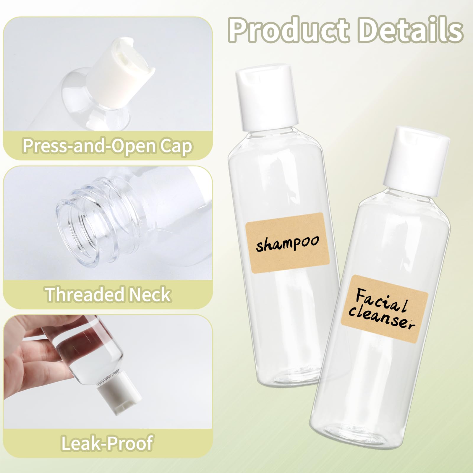 8Pcs Leak Proof Disc Cap Bottles, 100ml Reusable Travel Bottles, Air Flight Plastic Bottles - Image 3