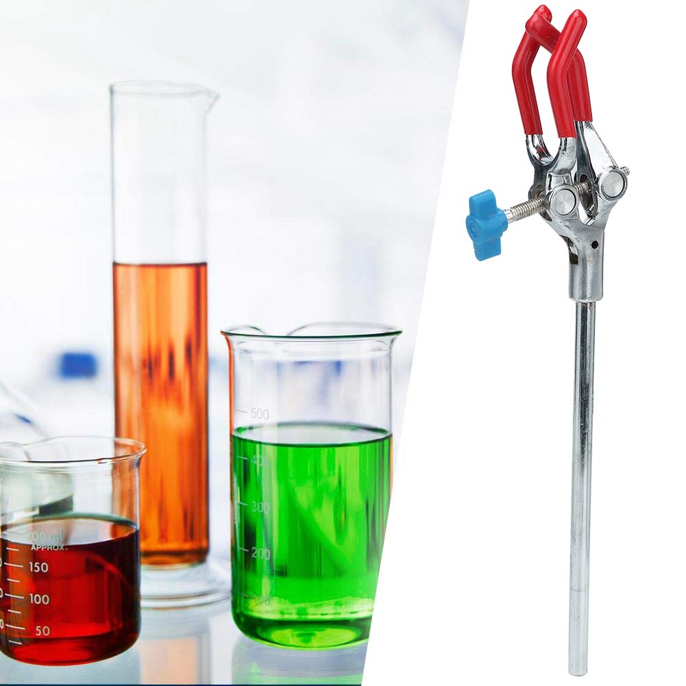 Pince de laboratoire à 3 doigts, pince à fiole avec mâchoire en caoutchouc et tige métallique double pour support de flacon en chimie scolaire