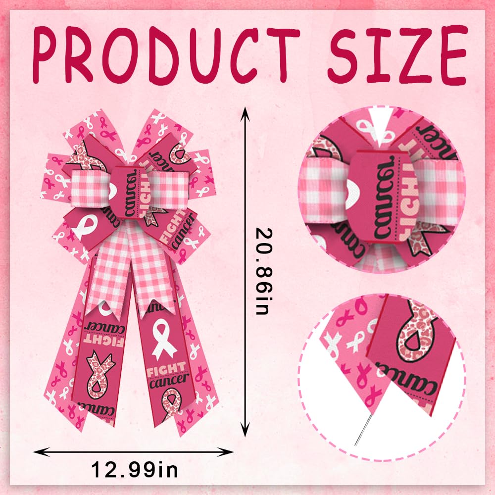 ALIBBON Large Breast Cancer Awareness Bows for Wreaths, Pink Ribbon Wreath Bows, Fight Cancer Bows for Front Door, Pink Buffalo Plaid Burlap Bows for Wreath Indoor Outdoor Wall Window Decor