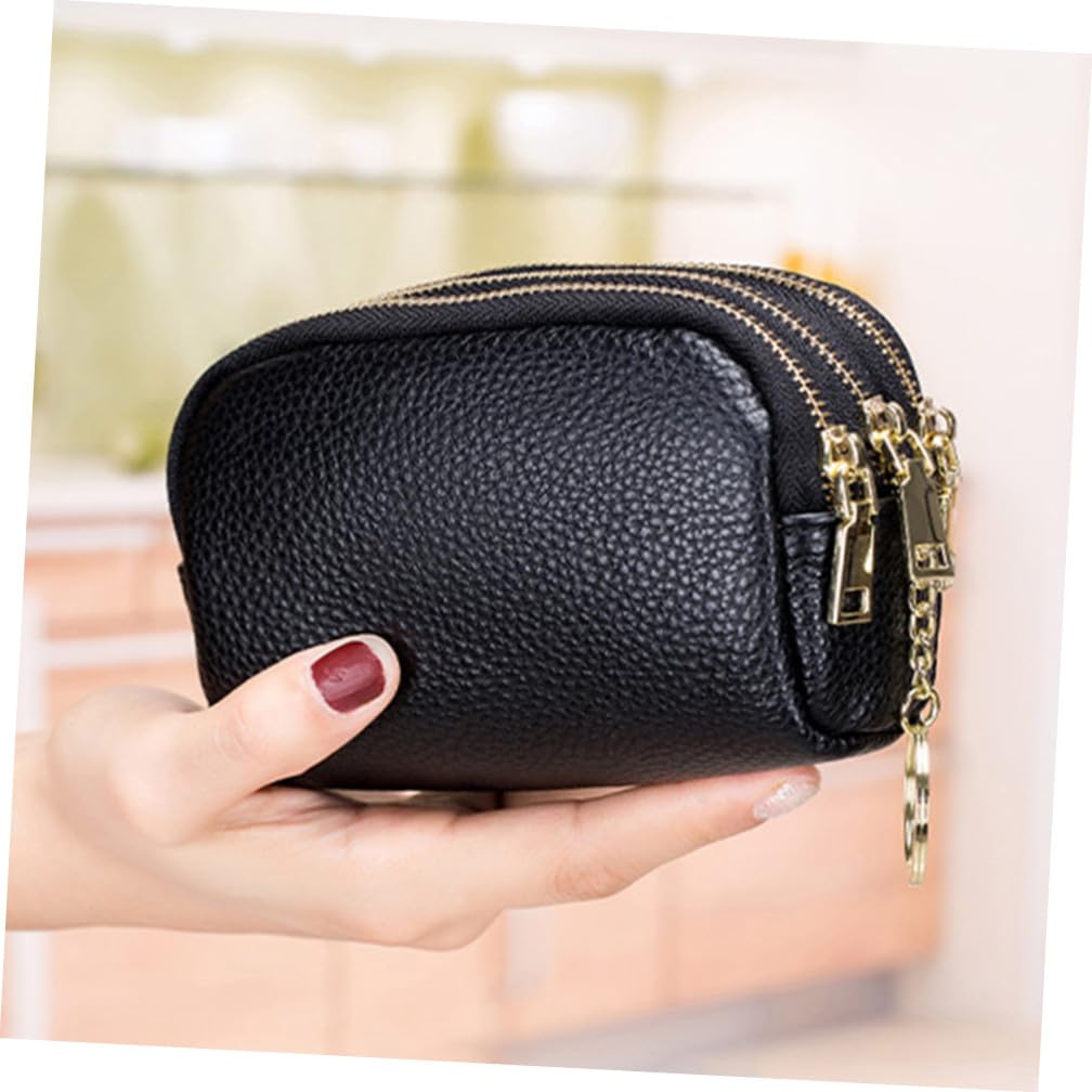 Coin Purse in Vera Pelle Bovina Nero, Mini Portamonete Cerniera, Grande Capacità, Portachiavi, Design a Strati per Donna