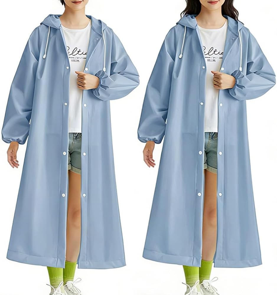 Rain Ponchos for Adults, 2 Pcs Reusable Raincoats for Women & Men with Hood and Drawstring