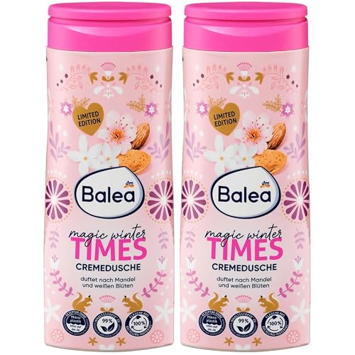 Balea 2er-Set Duschgel Magic Winter Times Cremedusche duftet nach Mandeln, weißen Blüten & Weihnachten, milde Rezeptur schützt vor Austrocknen, pH-hautneutral für empfindliche Haut, 2 x 300 ml (600ml)