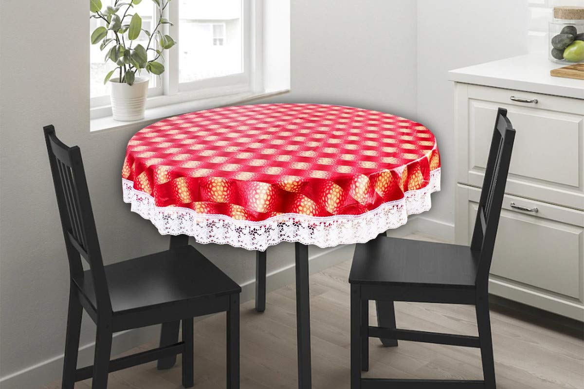 The Furnishing Tree Round Shaped WxL 48x48 Inch Center Table Cover Gingham Pattern Red, Waterproof PVC-image-1