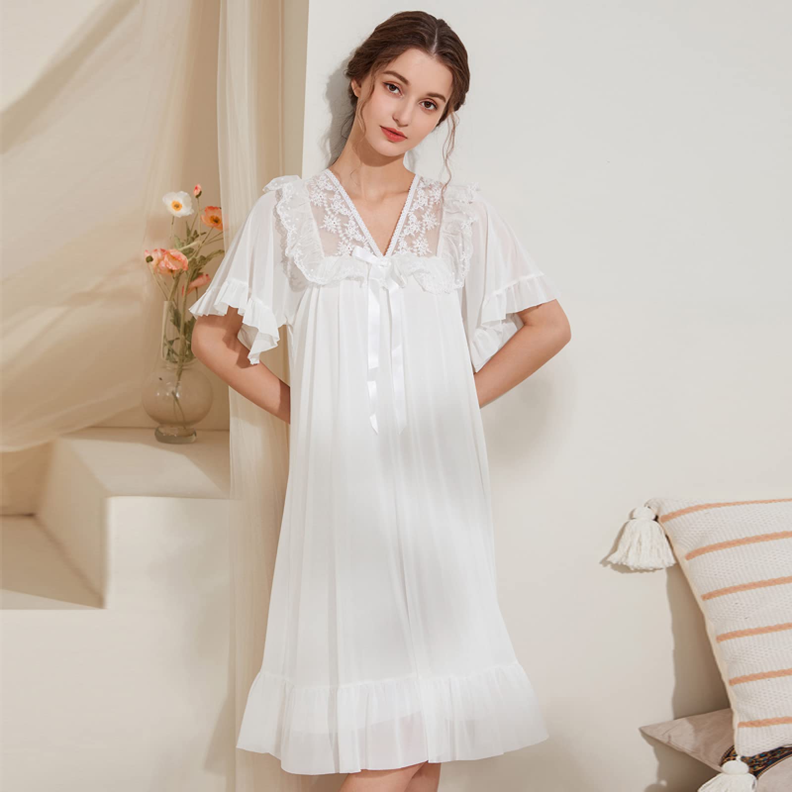 OFFSUM Camisón De Pijama De Mujer - Camisón De Princesa De Color Sólido Camisón De Verano con Lazo De Malla De Encaje Camisón De Dos Pisos Elegante Bordado Ropa De Casa Lencería