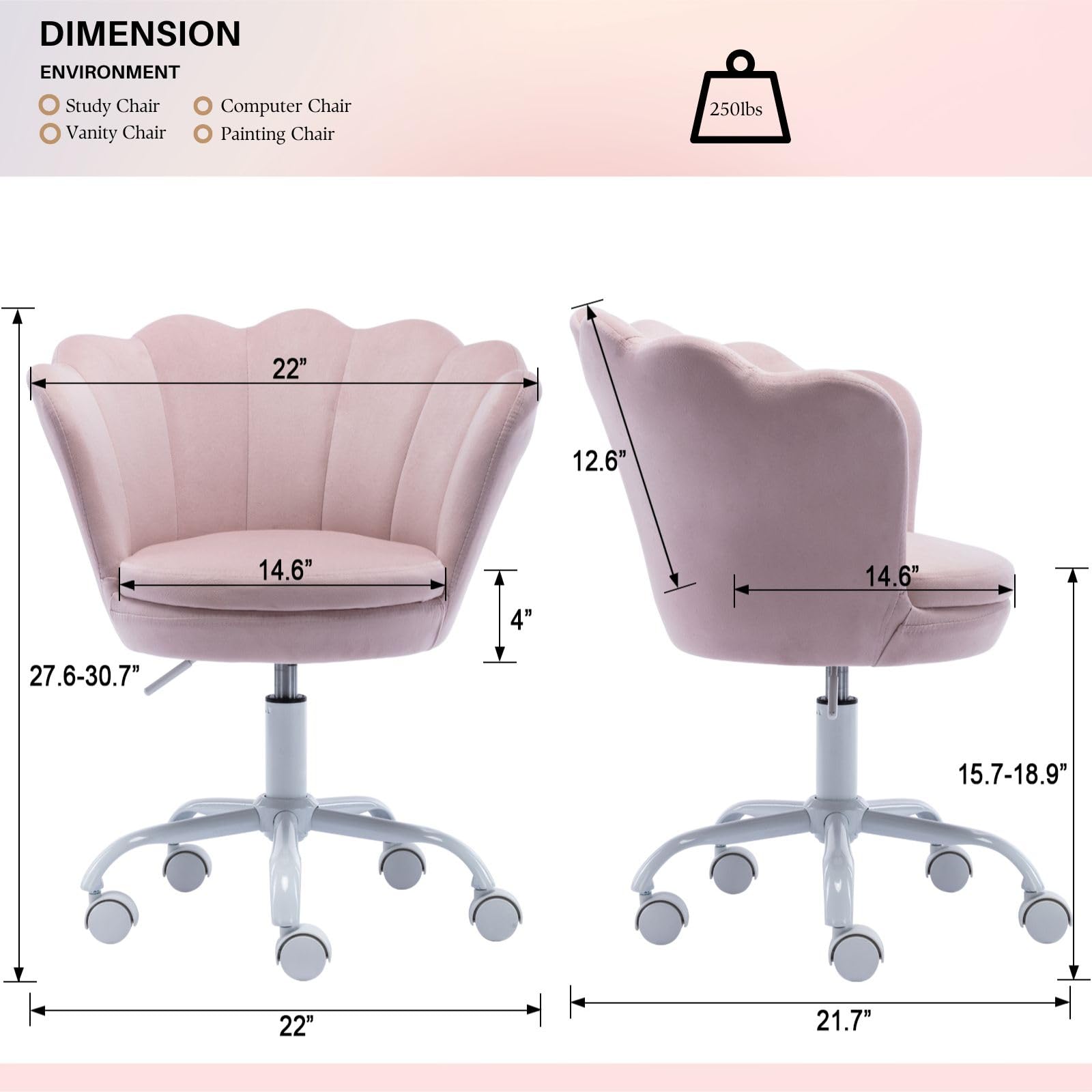 COMULER Pink Kids Desk Chair, Cute Velvet Adjustable Children Desk Chair Rolling Study Armchair Upholstered Computer Chair Shell Back 360° Swivel Vanity Chair for Teen Boys Girls Bedroom Study
