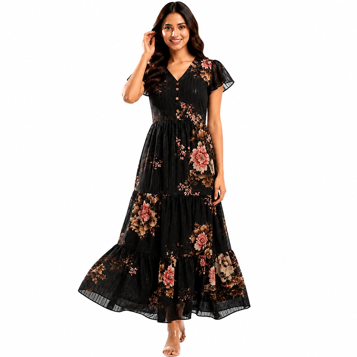 VIRELLE Women's Floral Maxi Dress | Chiffon Blend Tiered Long Dress | V Neck | Flutter Sleeve | Printed Casual Summer Western Dress for Women-picture-29