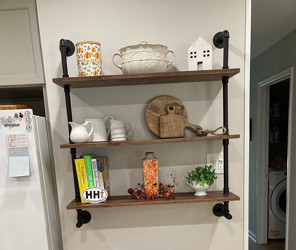 Industrial Pipe Wall Shelves Pipe Shelving with Real Wood Plank ,36 Inches Floating Shelves for Wall Farmhouse Pipe Book Shelves Dark Brown 3 Tier for Kitchen,Living Room Decor and Bar Shelving