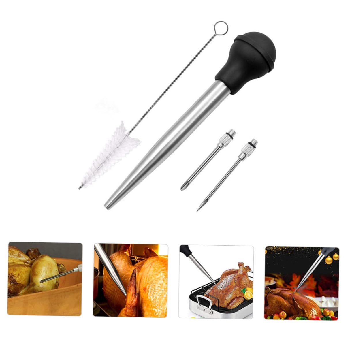 KICHOUSE 4pc Turkey Grill Sauce Injector Set Meat Injector Large Brush Flavor for Chicken Pork Beef Turkey