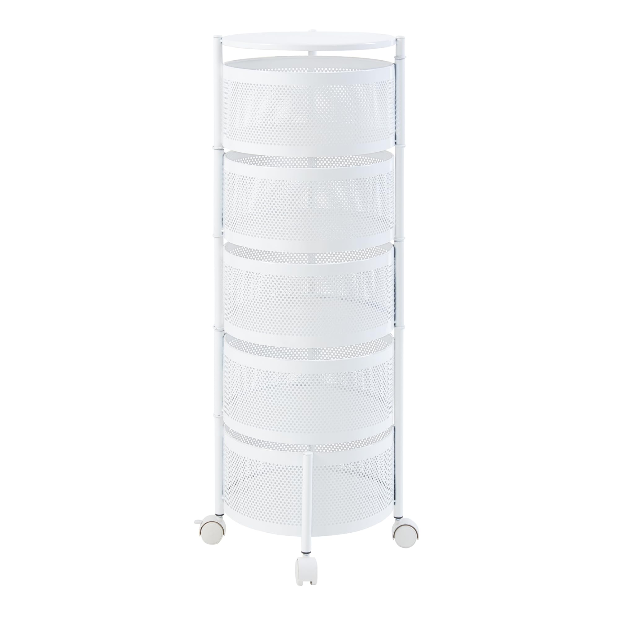 [en.casa] Carro de Servicio con 5 Cestas Redondas Carrito de Cocina Baño con 4 Ruedas Carrito de Verduras con Paredes Perforadas y 4 Cestas Superiores Giratorias Acero 90xØ33cm - Blanco
