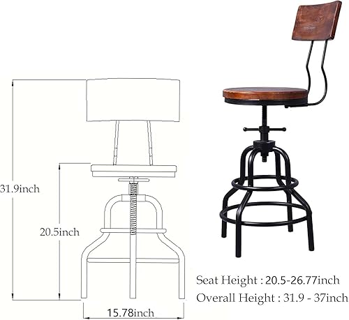 Miniatura 3 de Diwhy Taburete de mostrador industrial vintage, silla giratoria de altura ajustable para encimera de cocina, taburete de marco de metal, con Madera