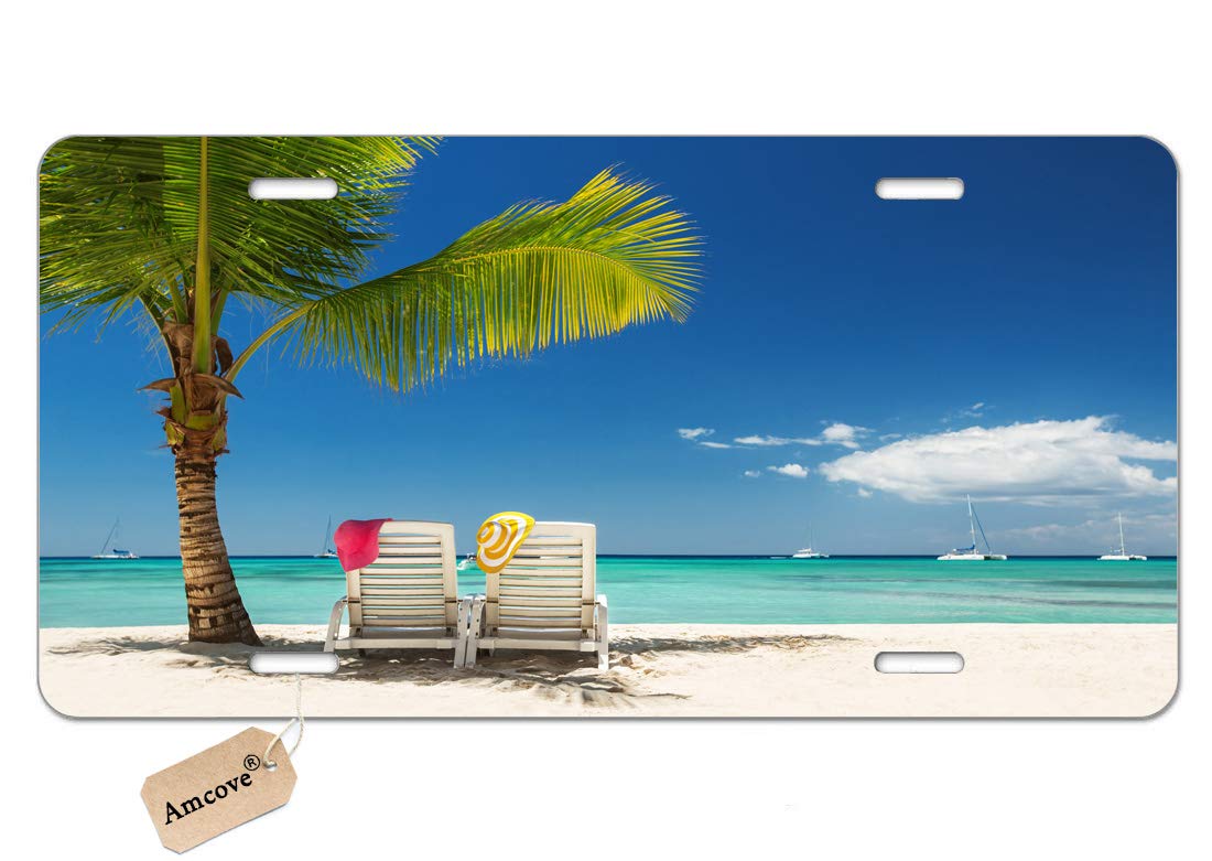 Amcove Beach License Plate, Relaxing Scene on Remote Beach with Palm Tree Chairs and Boats Vanity Novelty License Plate Tag Metal Car Truck 12 X 6 Inches