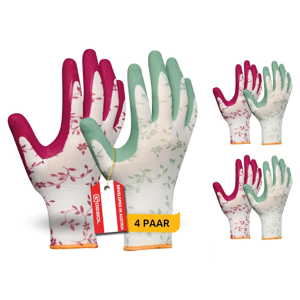 Gebol Flower Duo, 4 Paar Gartenhandschuhe Damen, Arbeitshandschuhe mit Latex-Beschichtung & Blumenmuster, atmungsaktiv mit Grip für Garten & Montage - Gr. S (Gr.7), Rot/Grün
