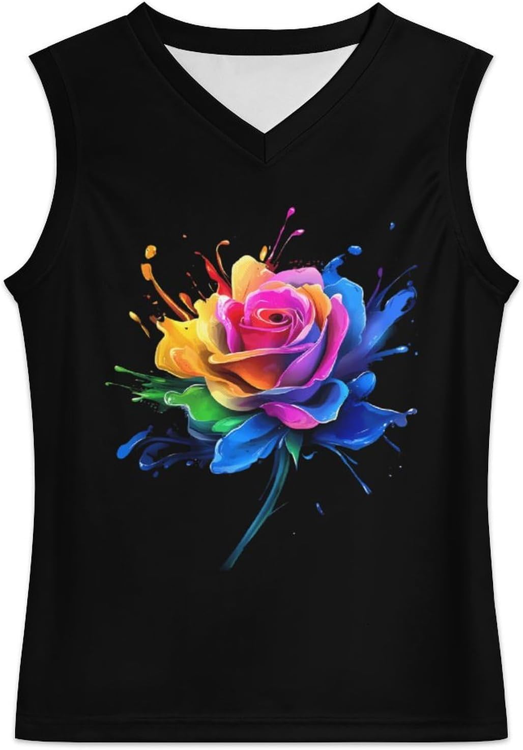 Colorful Paint Splash Rose Men's V-Neck Basketball Tank Top Sleeveless Workout Tank Shirts Gym Fitness Tees Vest