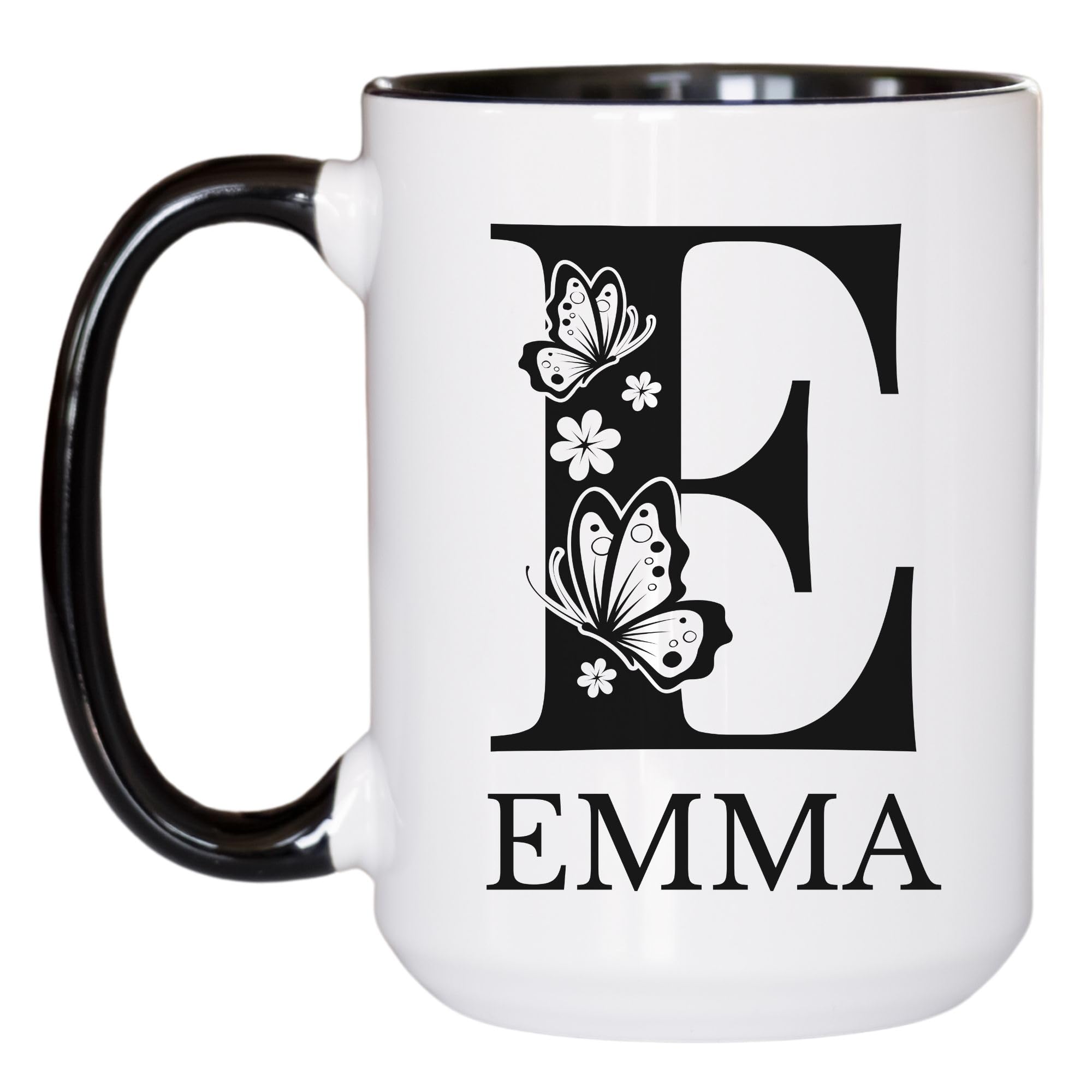 Generic Custom Initial Coffee Mug with Name, Personalized Mugs for Women, Butterfly Lover Monogram Gifts for Women, Monogrammed Tea Cup, Tazas Personalizadas, 11 Oz / 15 Oz Custom Mugs, White