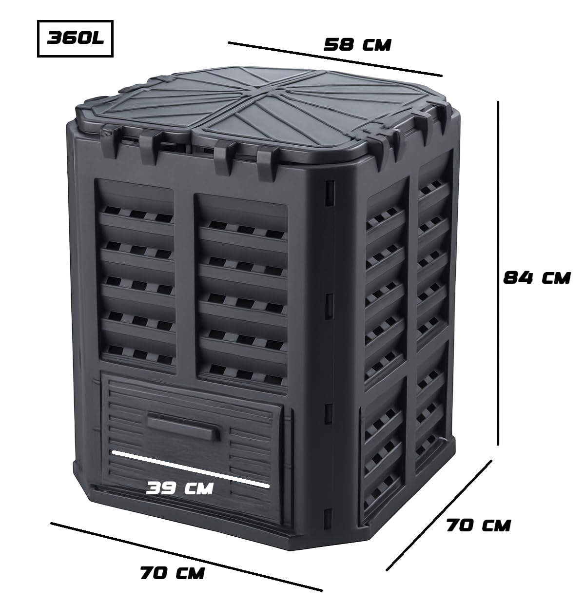 Composteur de Jardin 360L - Conteneur à Compost avec Base - Composteur Thermique en Plastique Noir - Compost - Composteur Thermique - Composteur de Jardin - Composteur