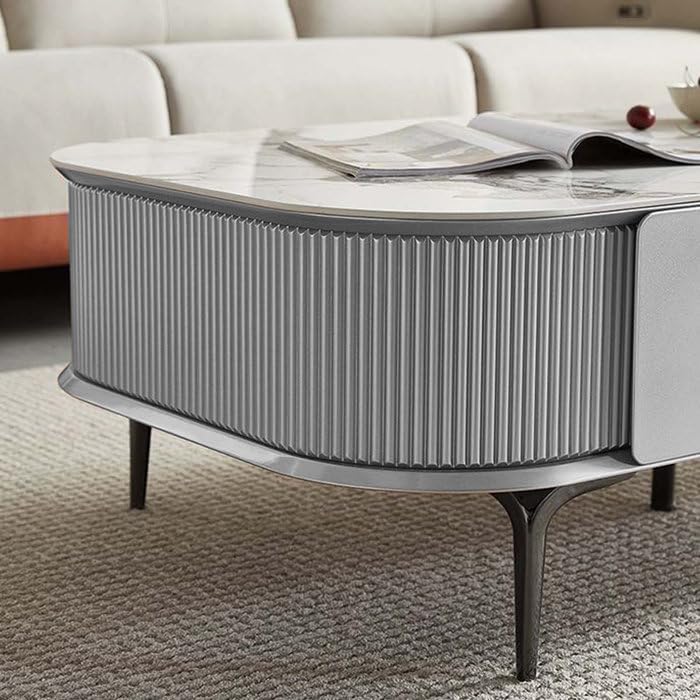 Image of WOODEN SPACE Premium Solo Marble-Top Wooden Center Table for Living Room | Iron Legs | PVD Coating | Modern Entryway Furniture | Coffee Table - 42X24X18 in (Gray)