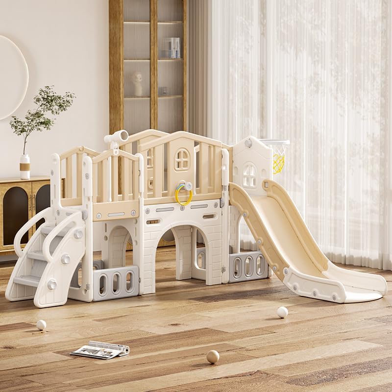 KORIMEFA Juego de toboganes 8 en 1 para niños pequeños de 1 a 3 años, juego de escalador con aro de baloncesto y pelota, patio de juegos para niños